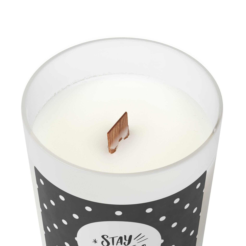 Stay Positive glass candle with natural off-white coconut soy wax and wooden wick in frosted glass vessel