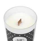 Stay Positive glass candle with natural off-white coconut soy wax and wooden wick in frosted glass vessel