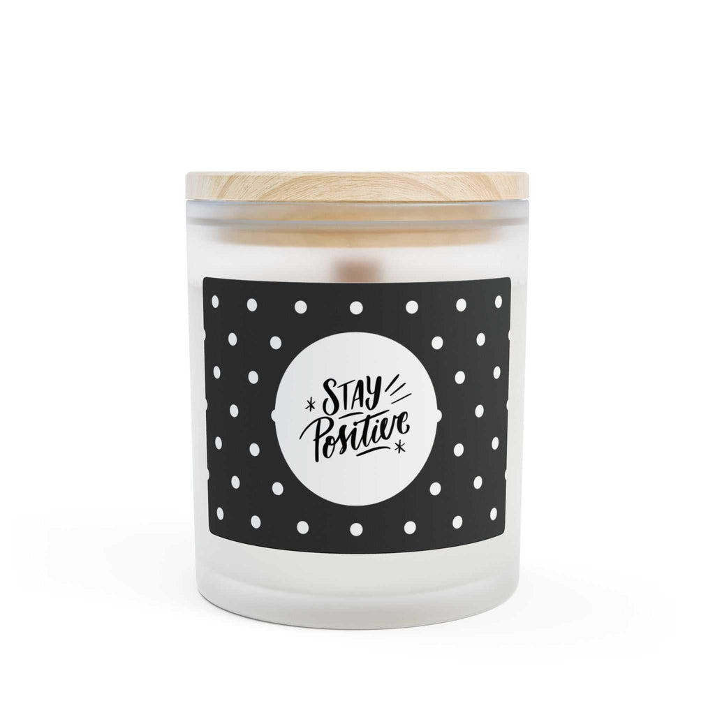 Stay Positive glass candle with wooden wick in frosted vessel and maple lid, coconut soy wax, 50-hour burn time