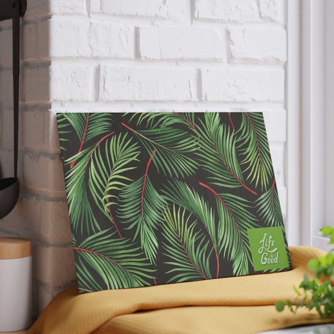 Tempered glass cutting board with green palm leaf design