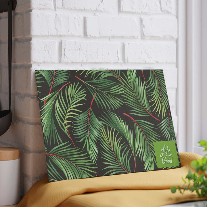 Tempered glass cutting board with green palm leaf design
