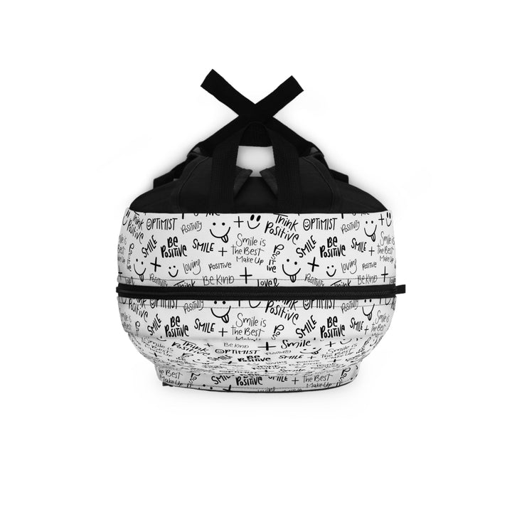 Think Positive Backpack with black handwritten motivational phrases