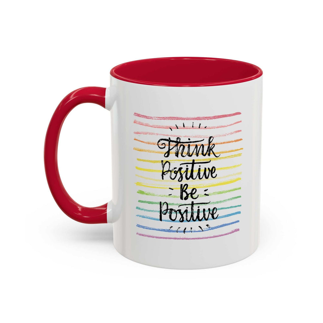Think Positive Mug with rainbow stripes, red handle and interior