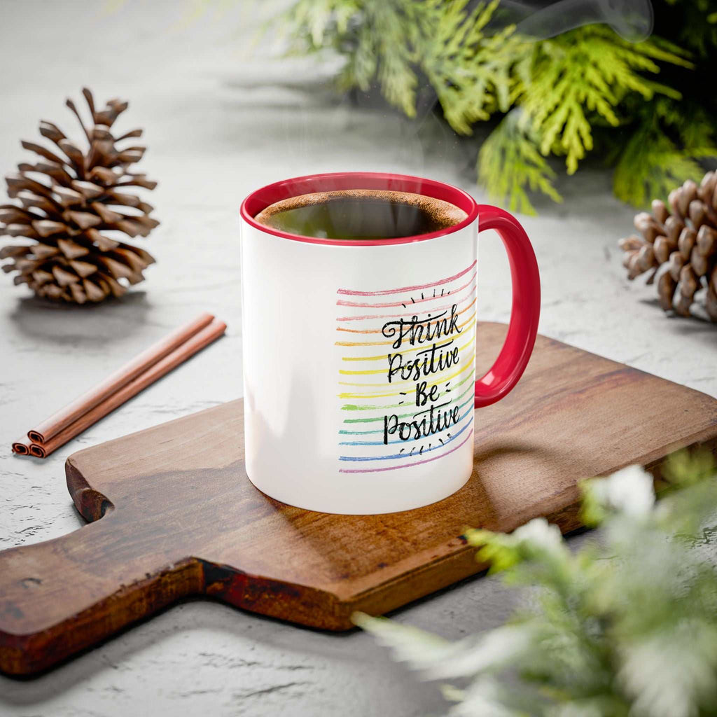 Think Positive Mug with red handle and interior, glossy ceramic