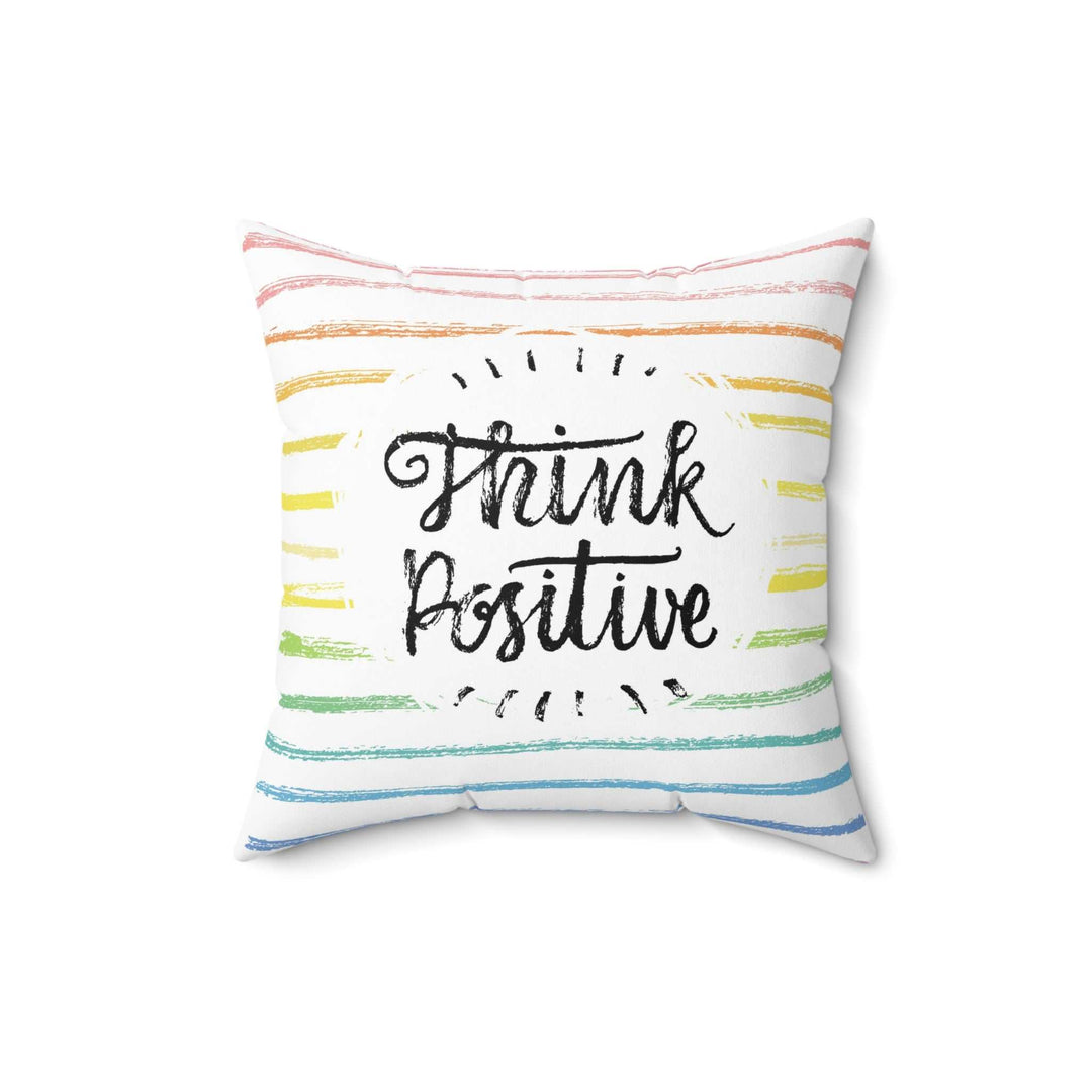 Think Positive Pillow with colorful stripes and motivational text