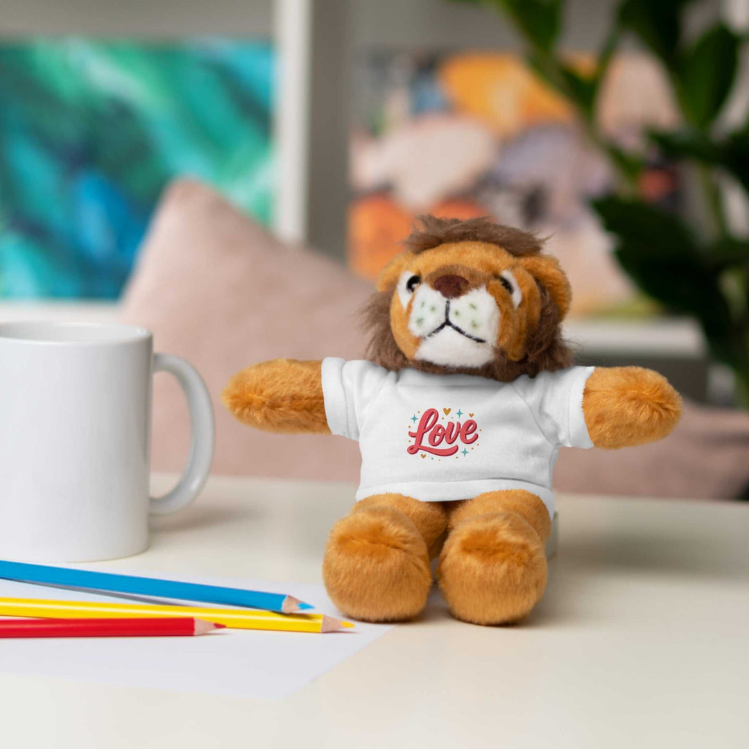 Tiger plush stuffed animal wearing white cotton tee with "Love" print