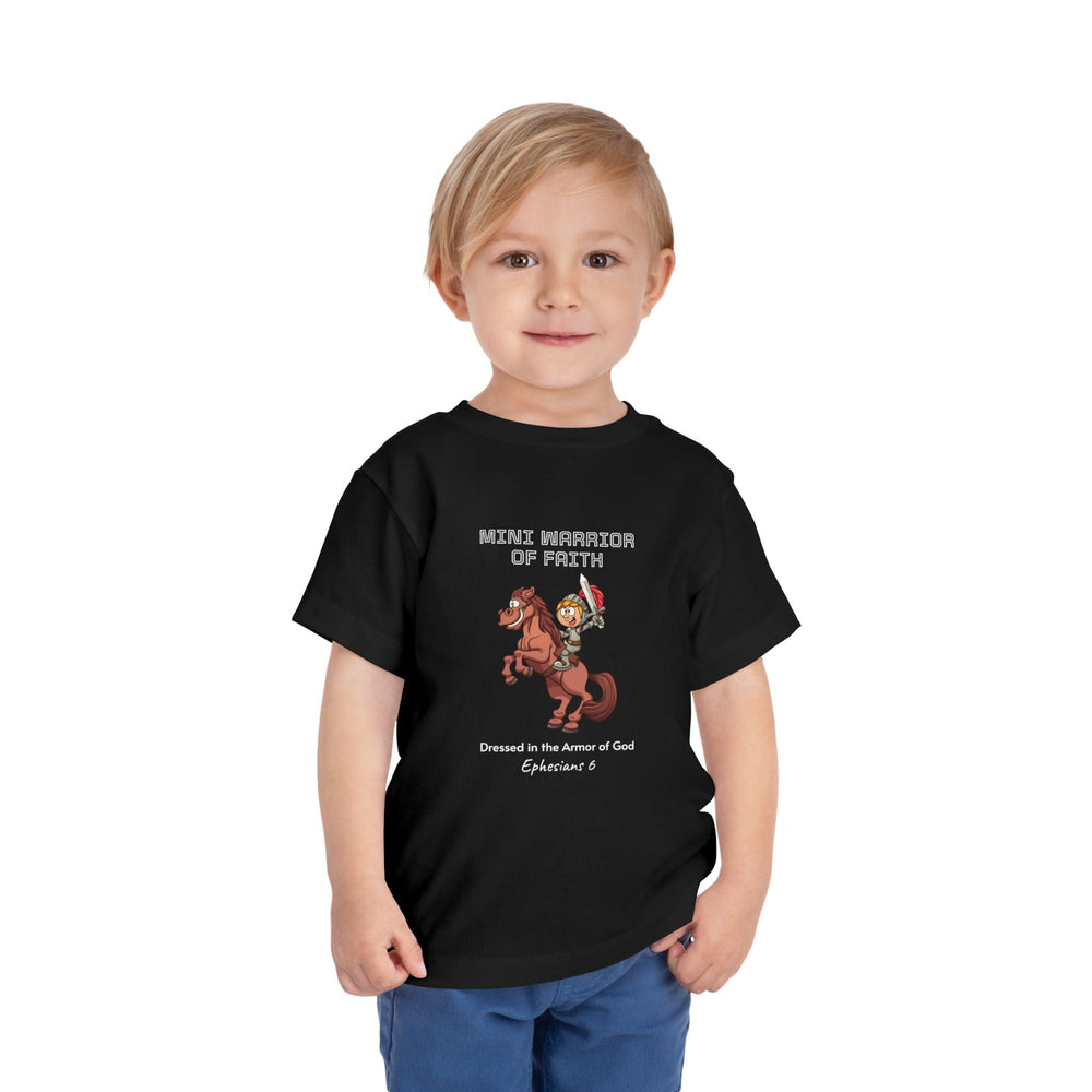 Child wearing black Warrior of Faith T-Shirt with horse warrior graphic and faith message