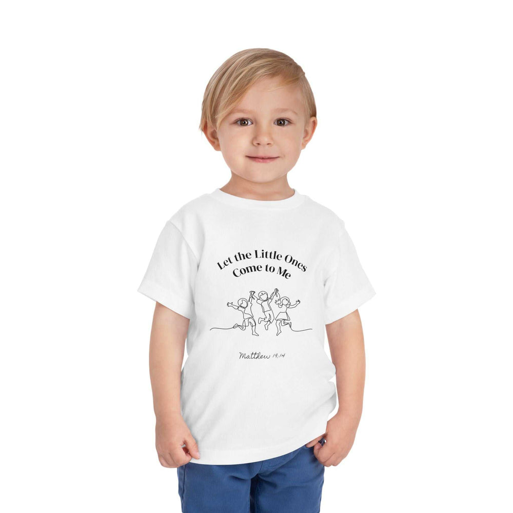Kids white T-Shirt with "Let the Little Ones Come to Me" Bible verse design in black text and illustration