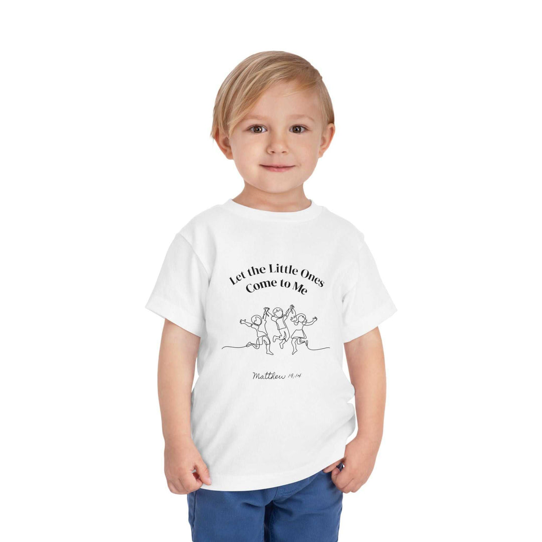 Kids white T-Shirt with "Let the Little Ones Come to Me" Bible verse design in black text and illustration