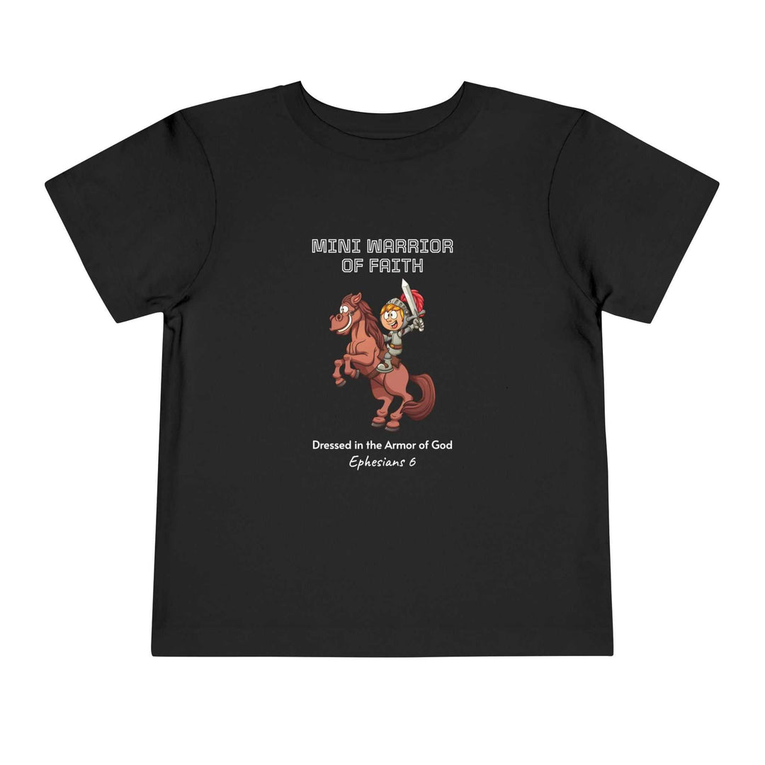 Black Warrior of Faith T-Shirt featuring a cartoon knight on a horse with the text "Mini Warrior of Faith" and a Bible verse from Ephesians 6, made of 100% combed cotton.