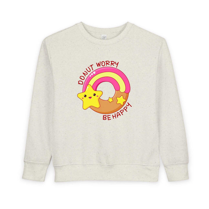 Toddler sweatshirt with "Donut Worry Be Happy" text