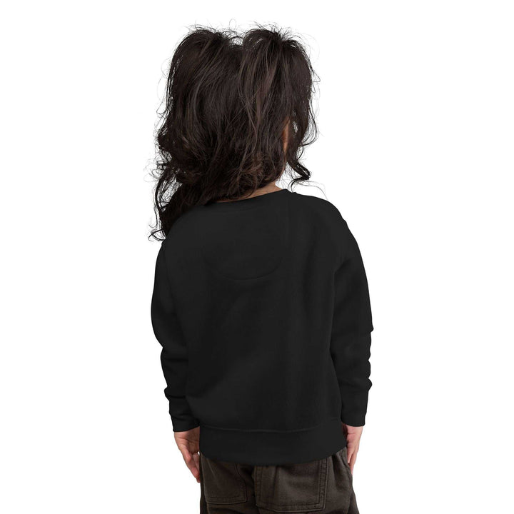 Toddler wearing a black cozy and durable toddler sweatshirt