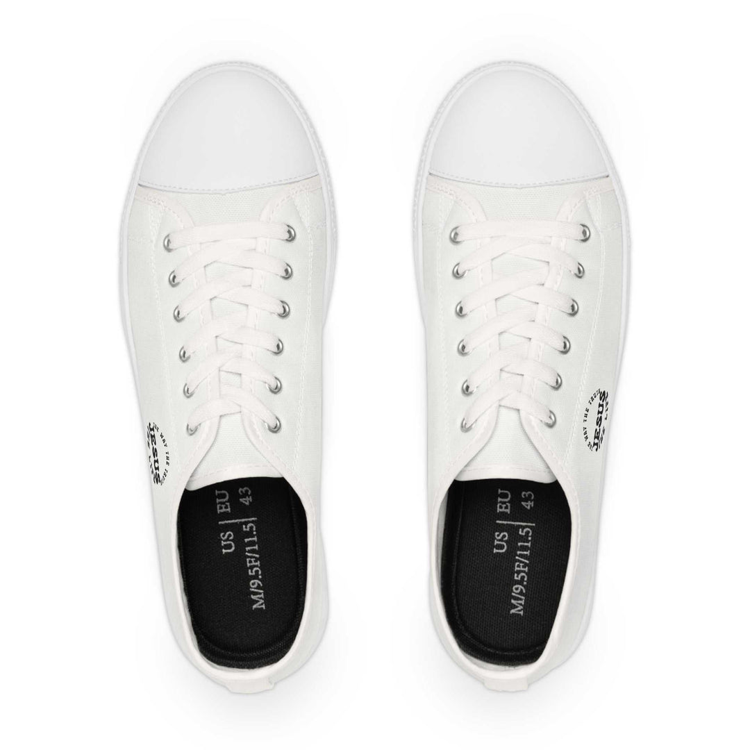 Top view of plain white men's Jesus sneakers with memory foam insoles