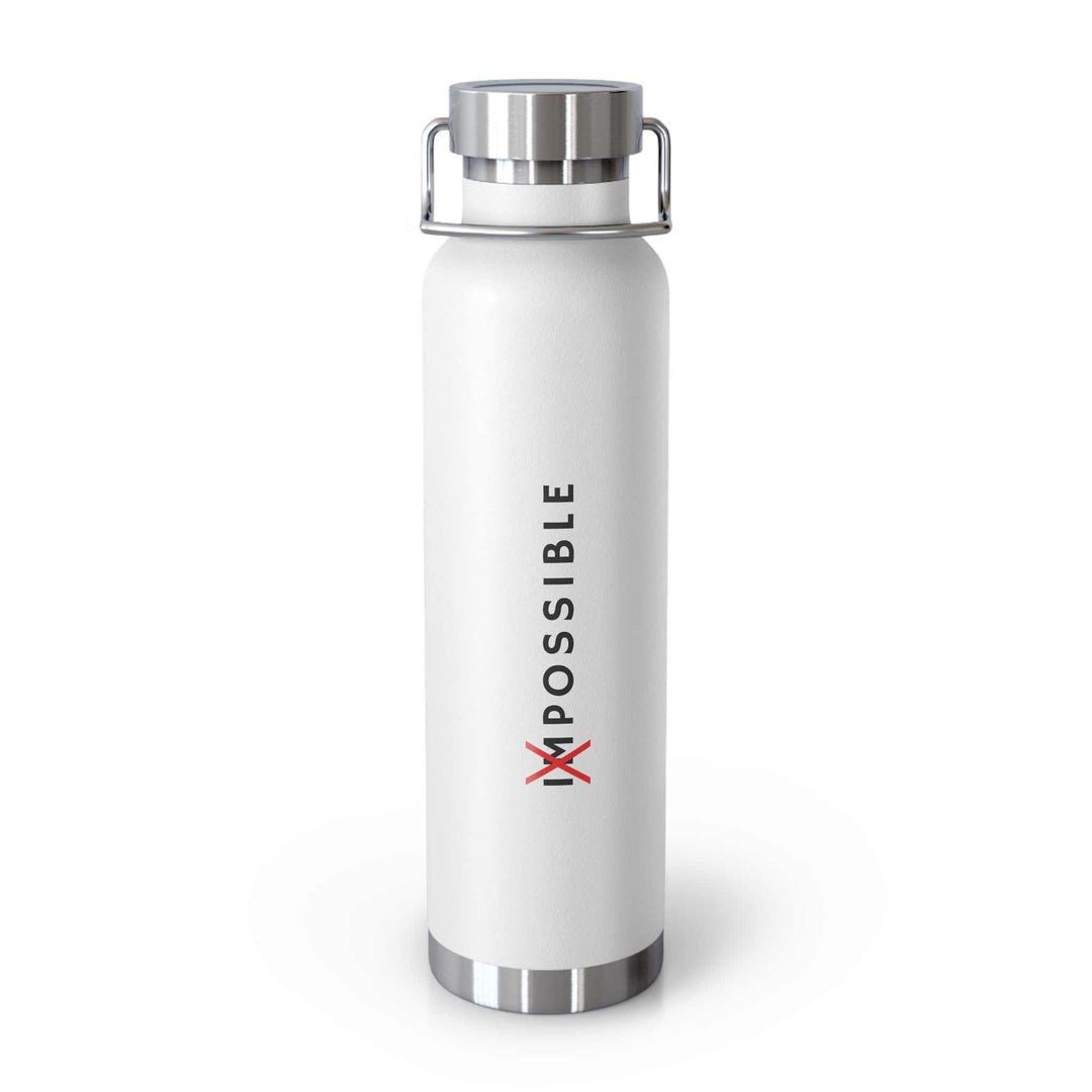 White Tout Est Possible bottle with stainless steel cap and inspirational text design, 22oz spill-proof and BPA free bottle