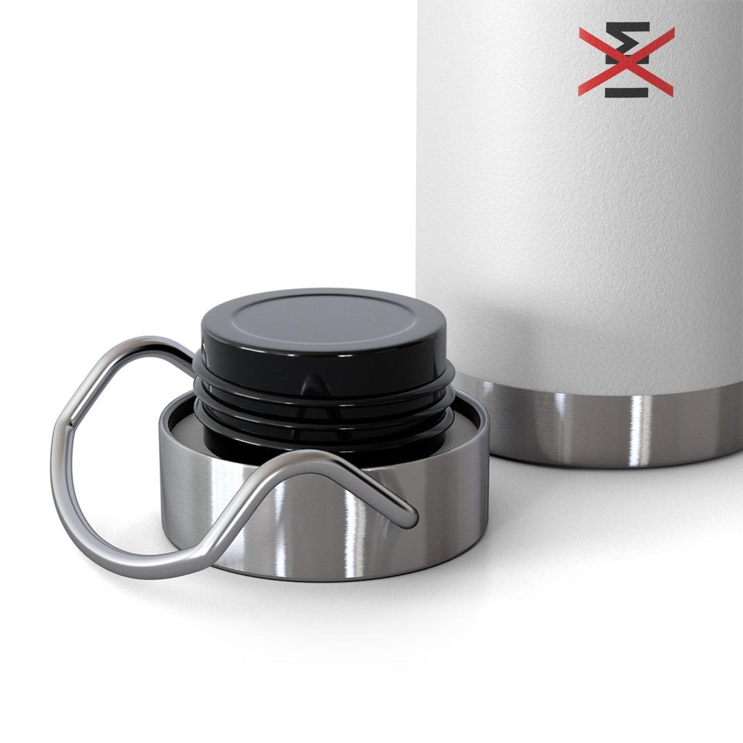 White Tout Est Possible water bottle with black screw cap and silver carry loop, durable and spill-proof design