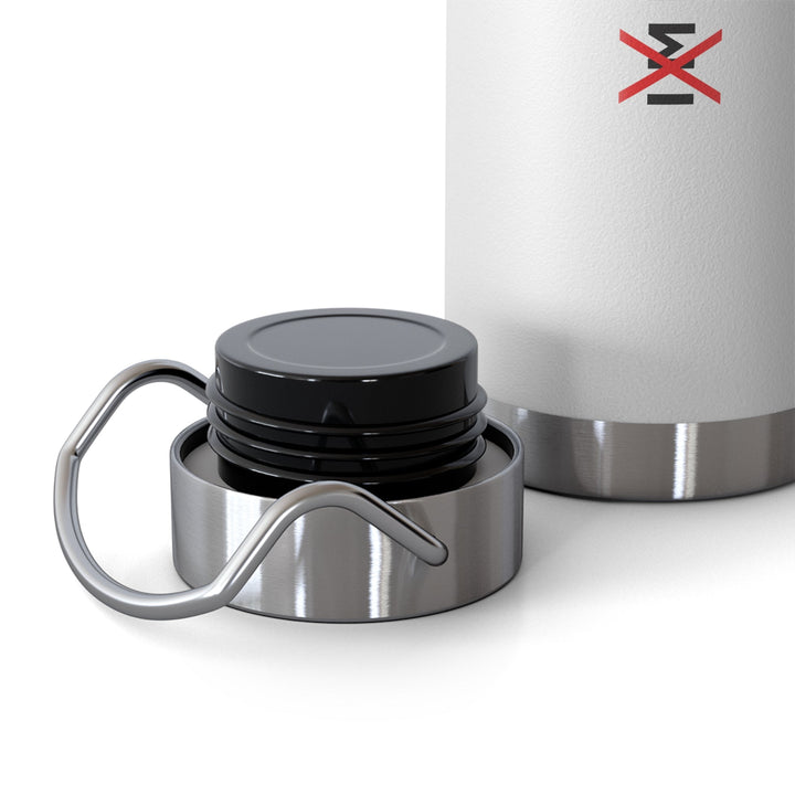 White Tout Est Possible water bottle with black screw cap and silver carry loop, durable and spill-proof design