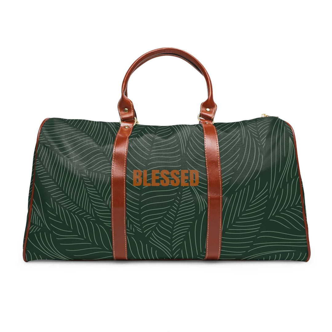 Tropical travel bag with green leaf print with Blessed text
