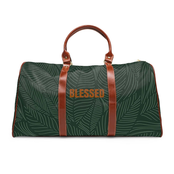 Tropical travel bag with green leaf print with Blessed text