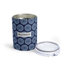 Vacuum insulated African print tumbler with blue circular patterns