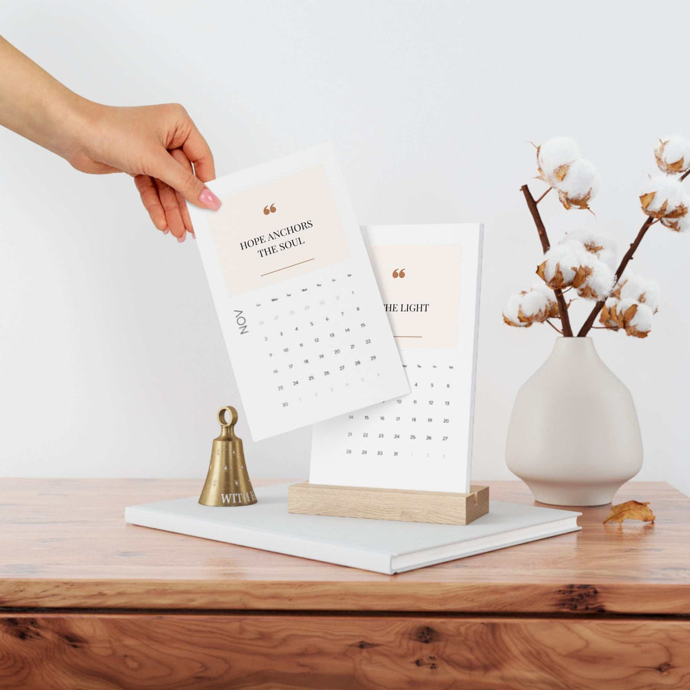 Vertical desk calendar 2025 with oak wood stand