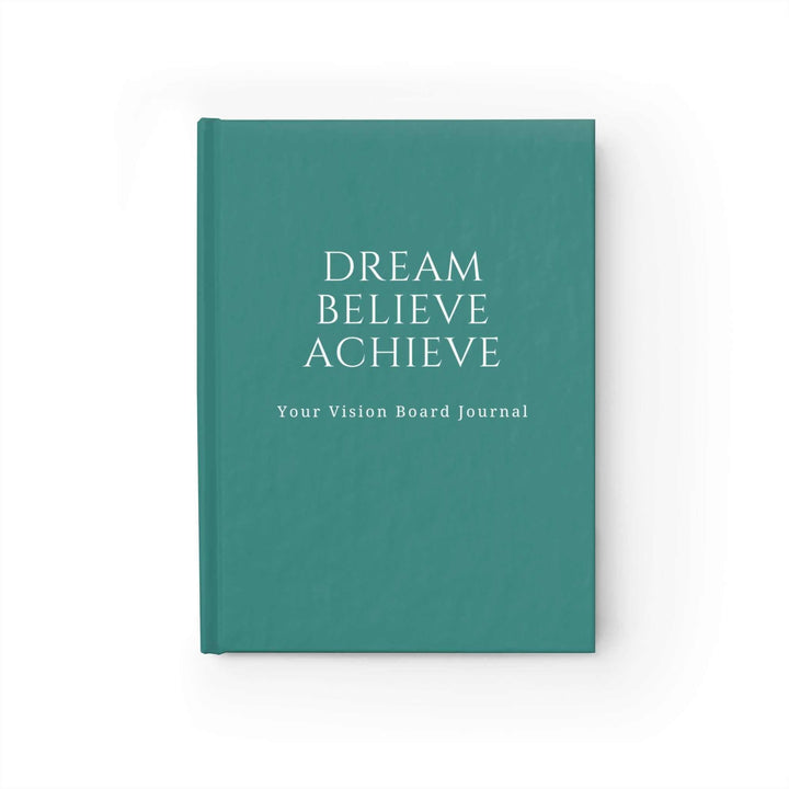 Green Vision Board Journal with "Dream Believe Achieve" text for goal setting and creativity.
