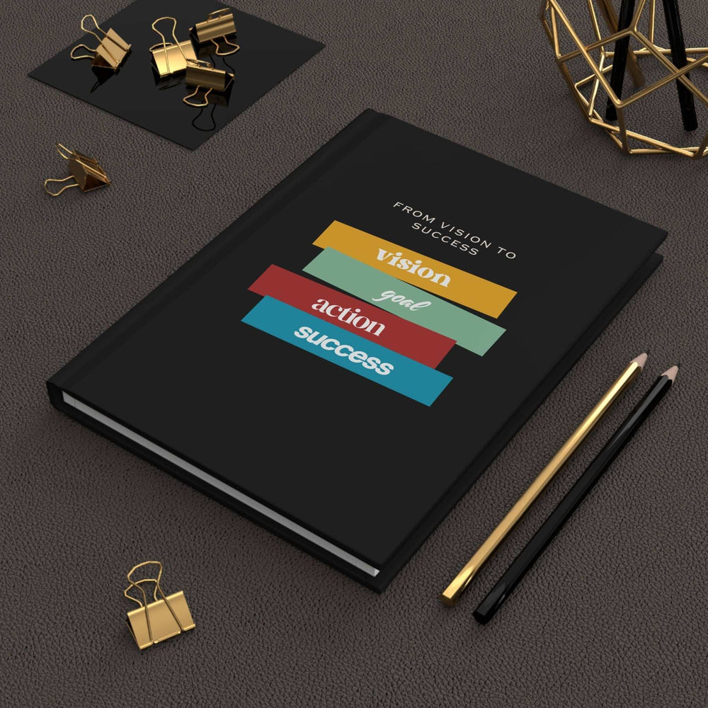 Black Vision To Success journal with motivational text and lined pages, featuring a matte finish and casewrap binding.