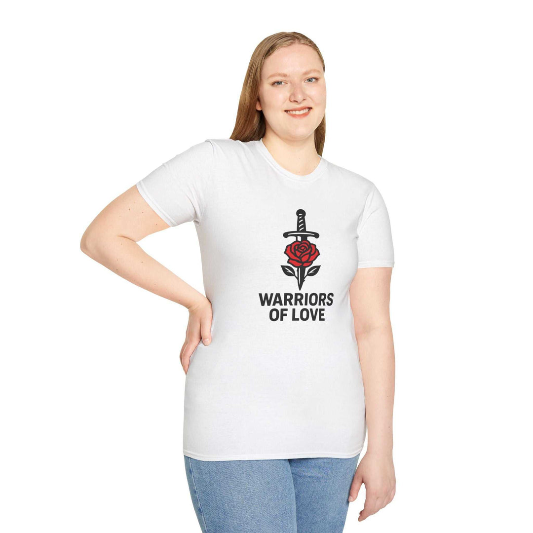Warriors of Love T-Shirt with sword and rose graphic on front