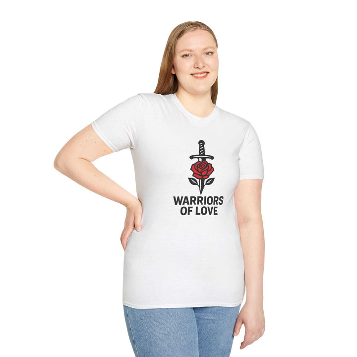 Warriors of Love T-Shirt with sword and rose graphic on front