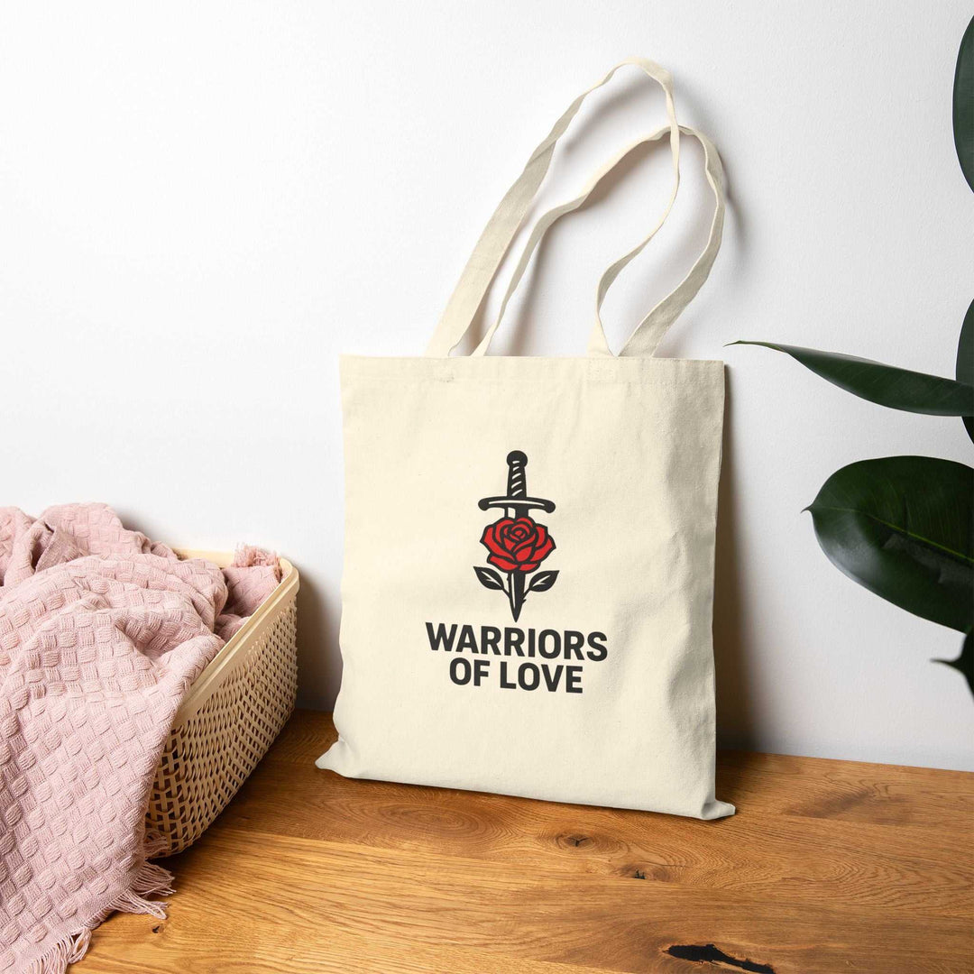 Warriors of Love Tote Bag with sword and rose design