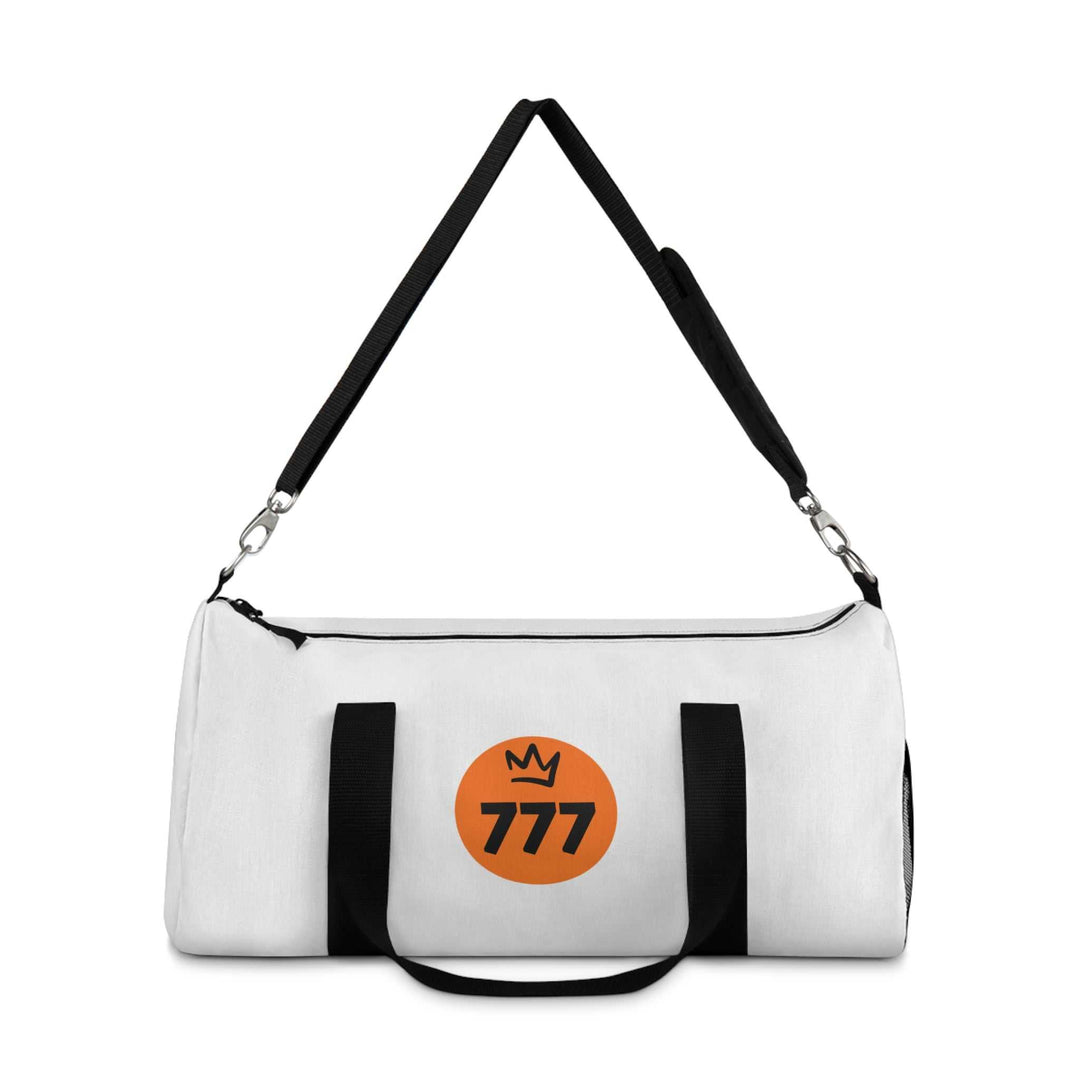 White 777 Duffel Bag with black adjustable shoulder strap