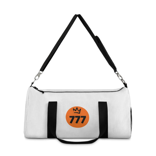 White 777 Duffel Bag with black adjustable shoulder strap