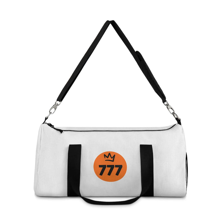 White 777 Duffel Bag with black adjustable shoulder strap