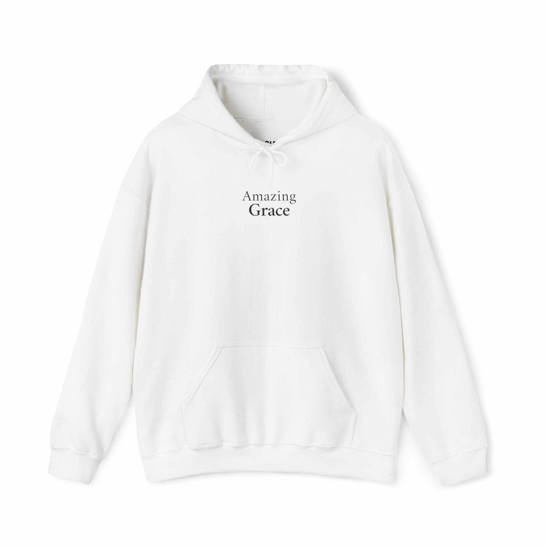 White Amazing Grace hoodie with classic fit and front pocket, made from soft cotton-polyester blend for comfort and style