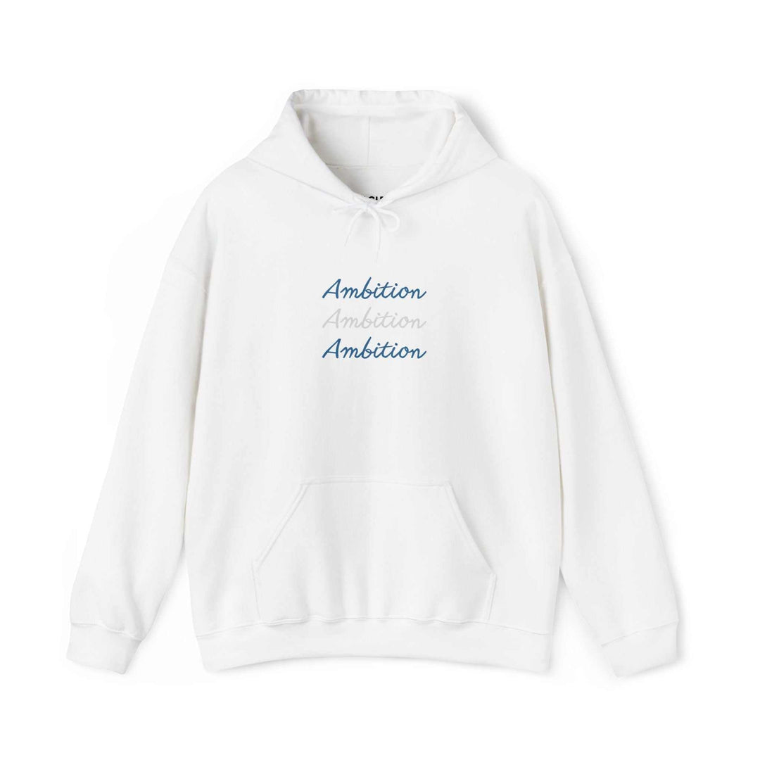 White Ambition Hoodie with triple text design and front kangaroo pocket