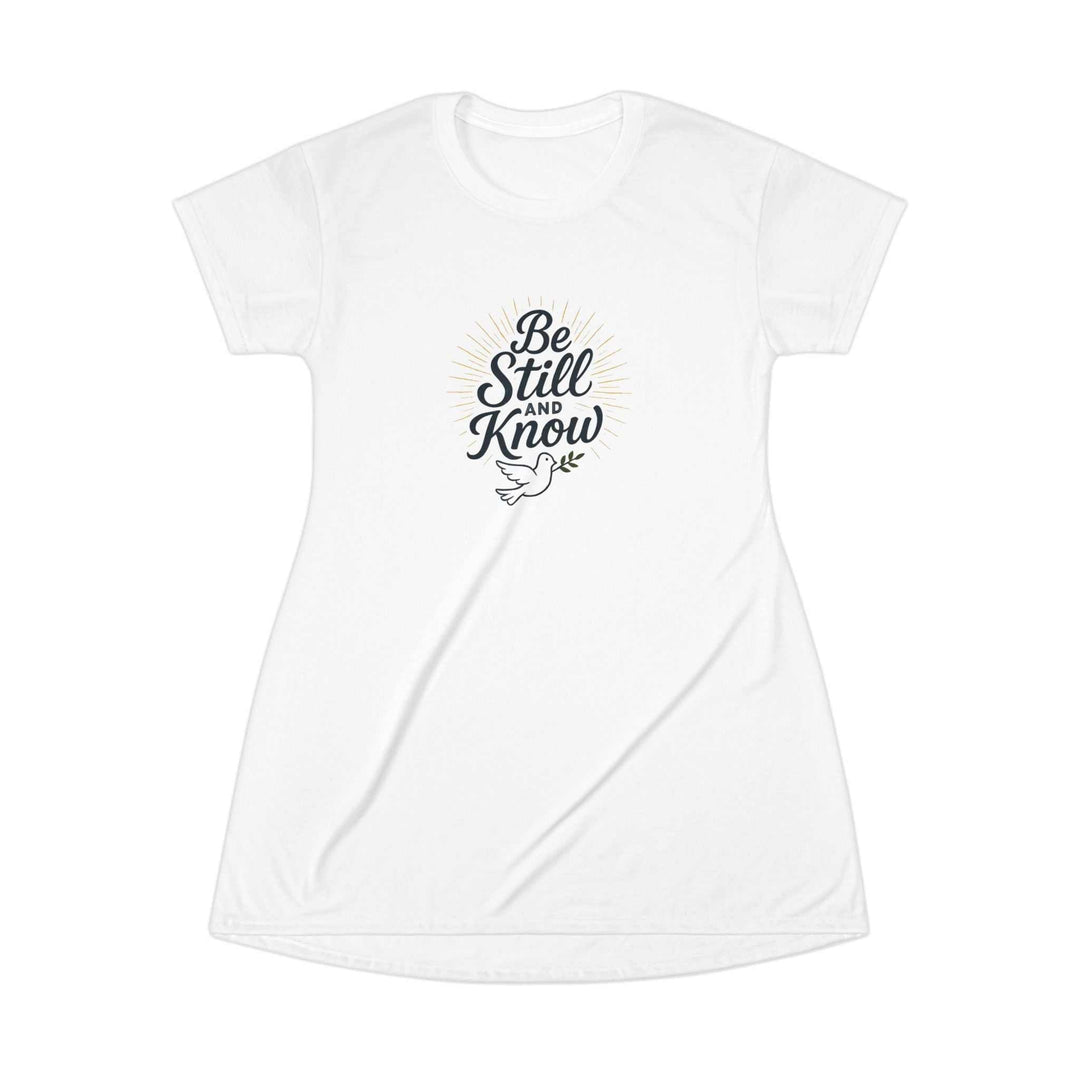 White Be Still T-Shirt Dress with dove graphic and motivational text