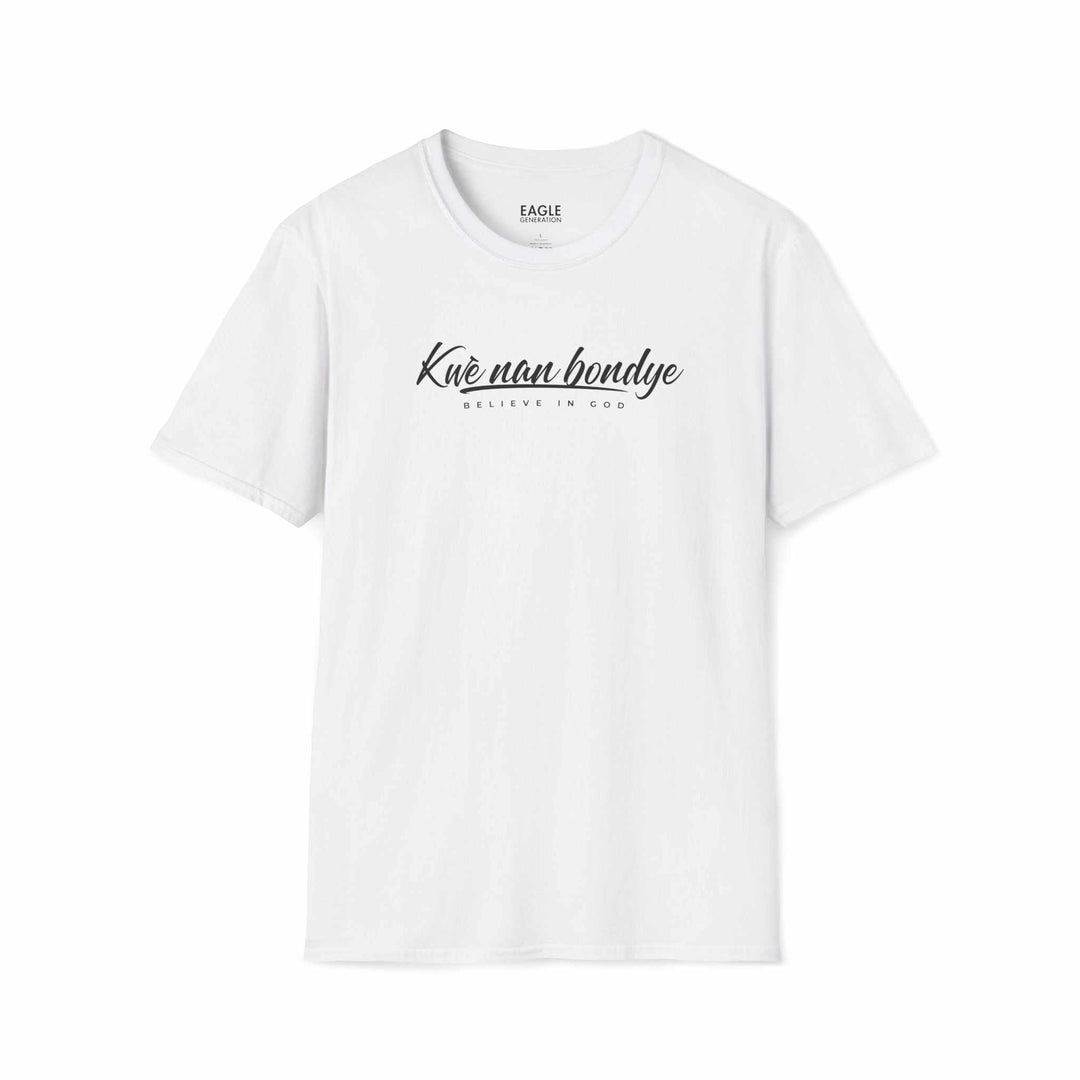 White classic fit T-shirt with "Kwe nan Bondye" Haitian Creole faith message, made of 100% ring-spun cotton