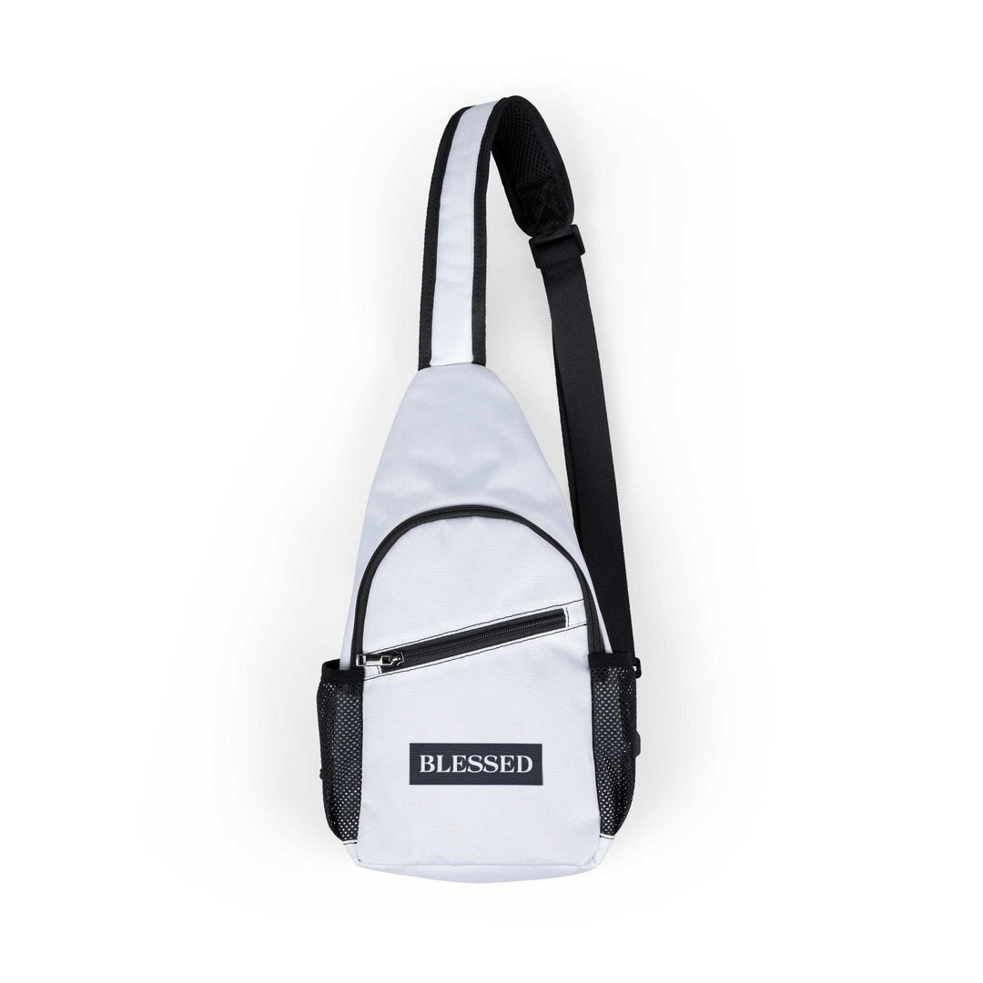 White Blessed chest bag with black detailing, adjustable shoulder strap, multiple zippered and mesh pockets, made of 100% nylon.