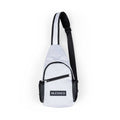 White nylon Blessed chest bag with black detailing, adjustable strap, front zipper pocket, and mesh side pockets.