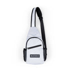 White nylon Blessed chest bag with black detailing, adjustable strap, front zipper pocket, and mesh side pockets.