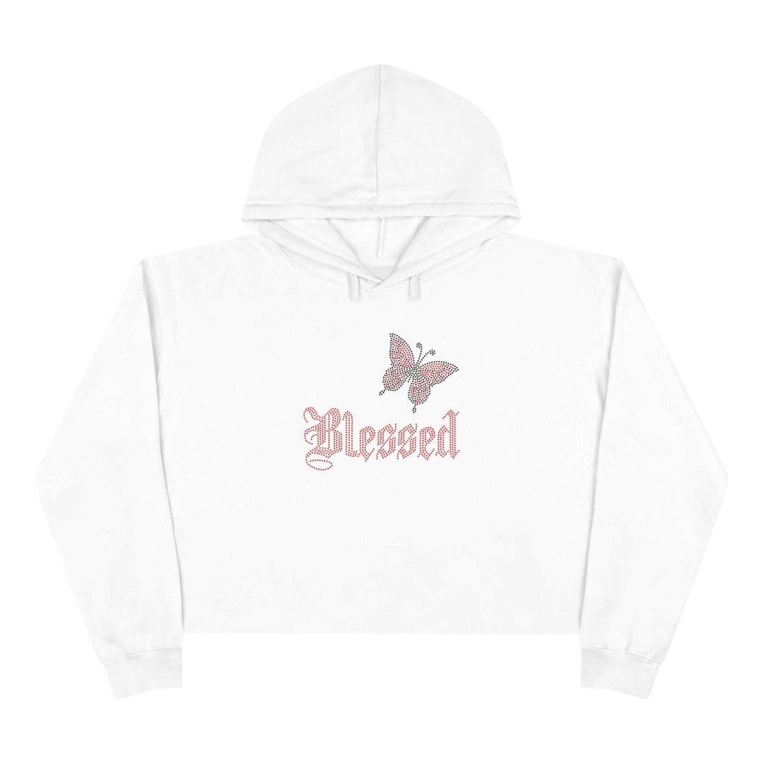 White Blessed Crop Hoodie with butterfly graphic and soft fleece fabric