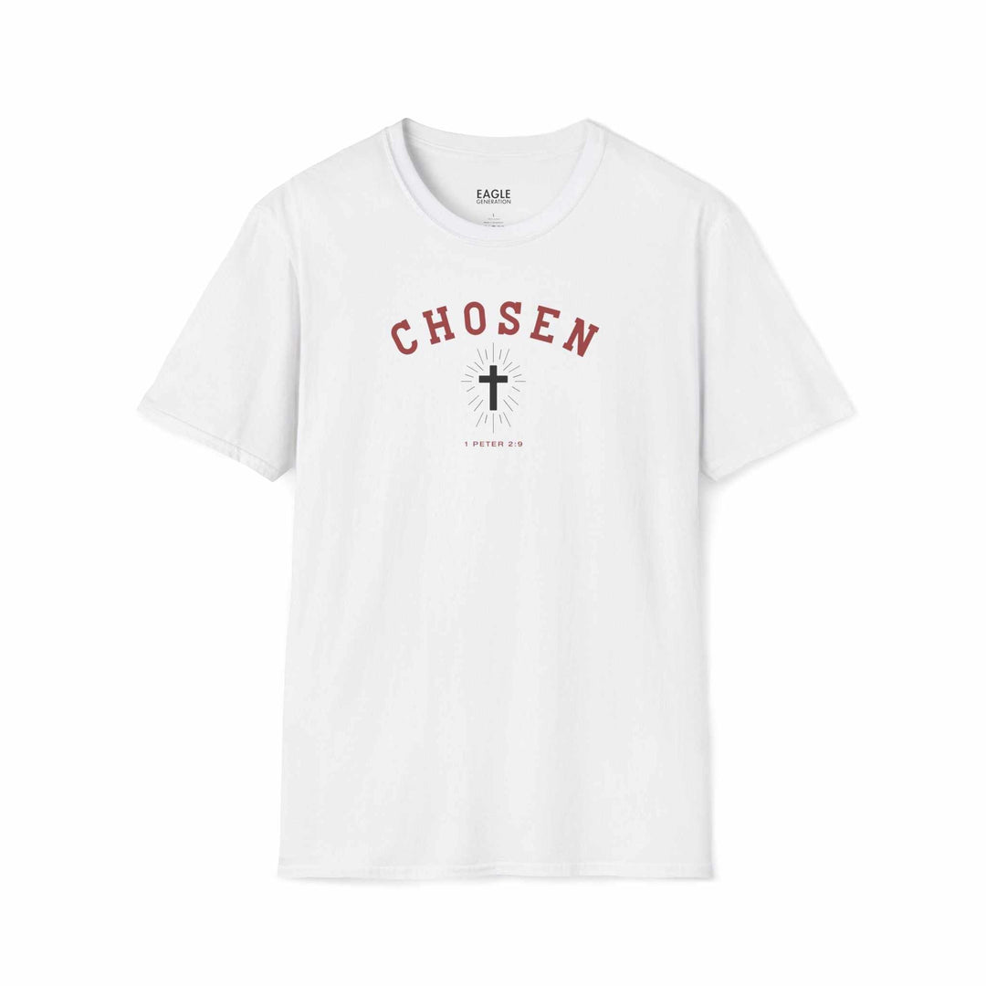White Chosen T-Shirt with red text and cross graphic, 100% cotton, classic fit, tear-away label