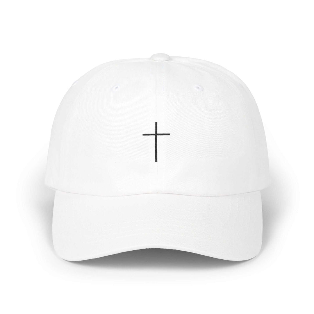White cotton hat with embroidered black Christian cross on front and adjustable strap closure