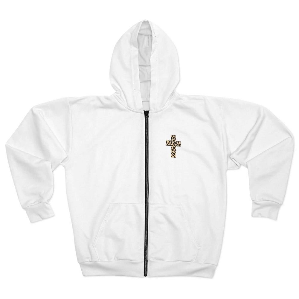 White Christian Cross zip hoodie with black zipper and front pocket