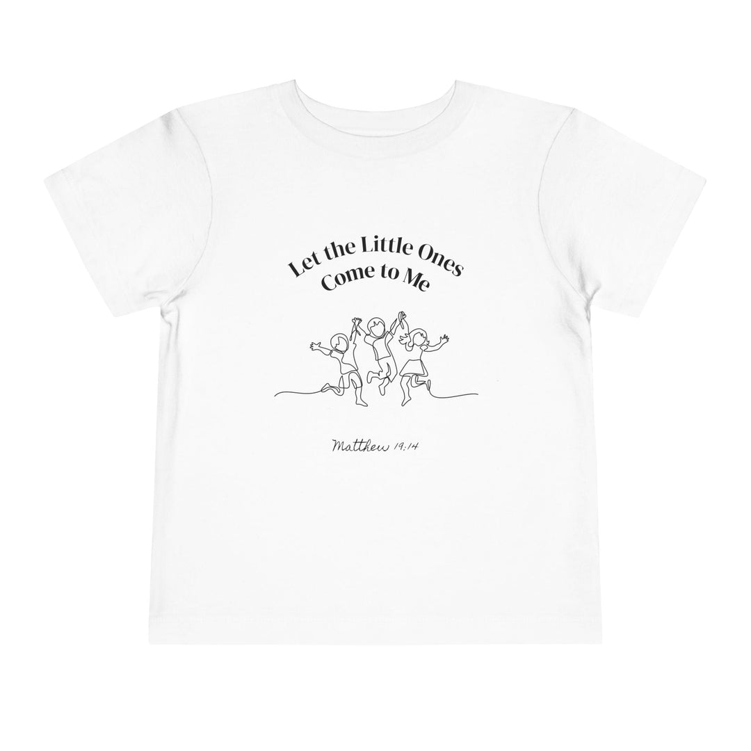 White T-shirt with "Let the Little Ones Come to Me" and children illustration, 100% cotton, faith-inspired design