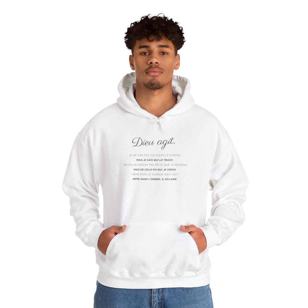 White Dieu En Action hoodie with faith-inspired text, cotton-polyester blend, classic fit with front pocket.