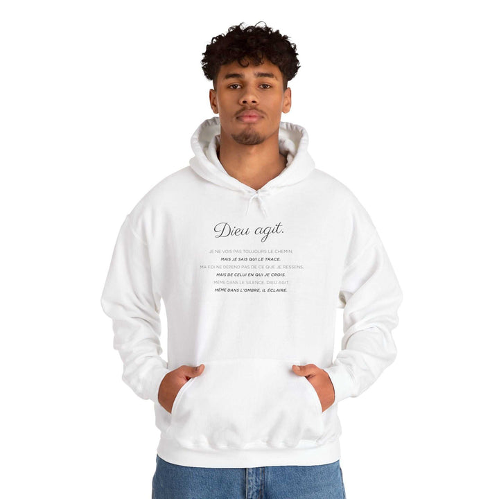 White Dieu En Action hoodie with faith-inspired text, cotton-polyester blend, classic fit with front pocket.