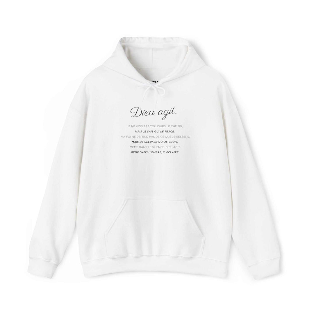 White Dieu En Action hoodie with inspirational faith message, cotton polyester blend, classic fit hoodie