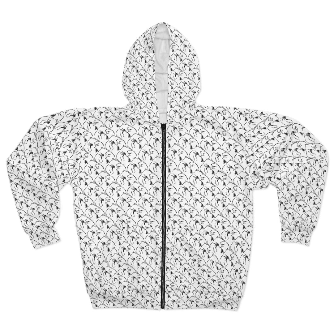 White Eagles Pattern Zip Hoodie with black zipper and roomy hood