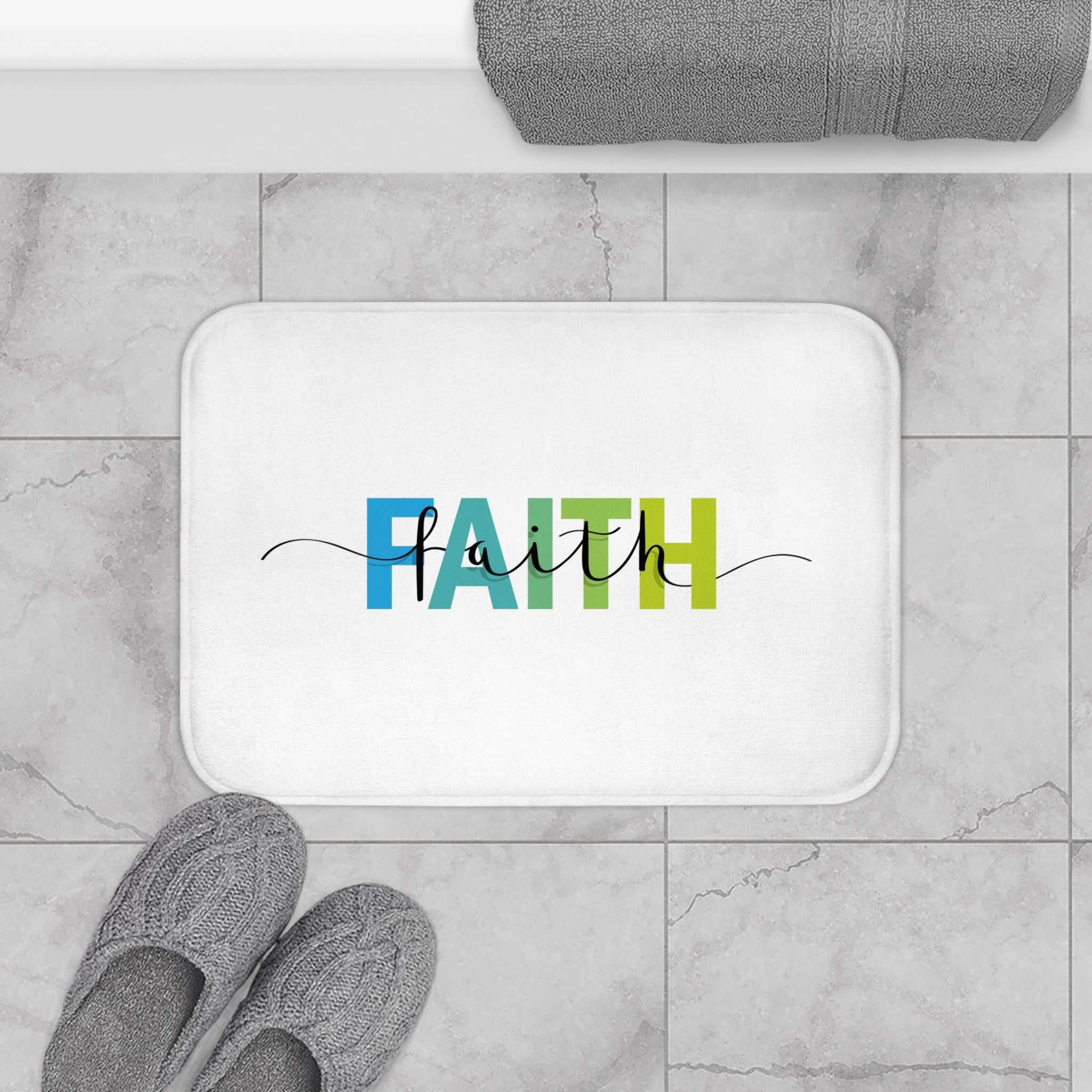 White Faith Bath Mat with anti-slip backing
