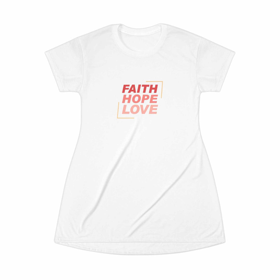 White Faith Hope T-Shirt Dress with red and orange lettering